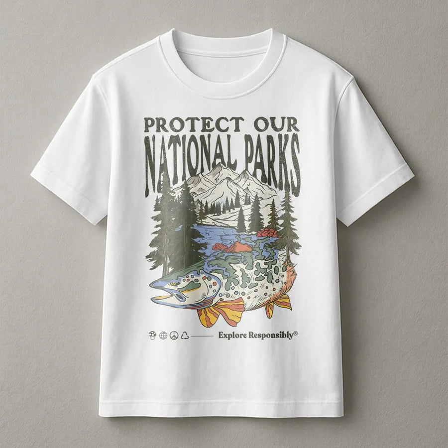 Protect Our National Parks T-Shirt | Retro Fish Graphic Nature Design | Premium 100% Cotton Tee | Gift for Outdoor Enthusiasts & Hikers