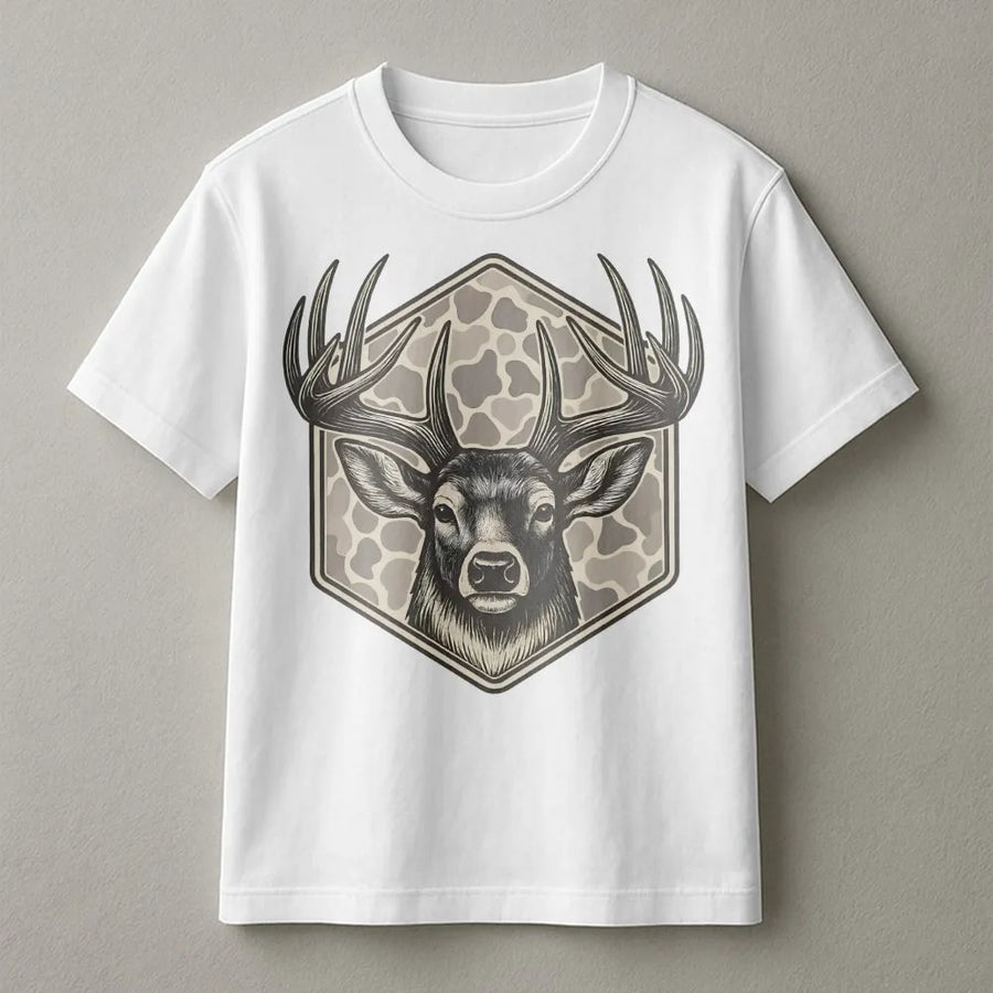 Whitetail Deer Hunting T-Shirt | Detailed Buck Head Graphic in Camo Hexagon | Premium 100% Cotton Apparel | Outdoor Wildlife Enthusiast Gift