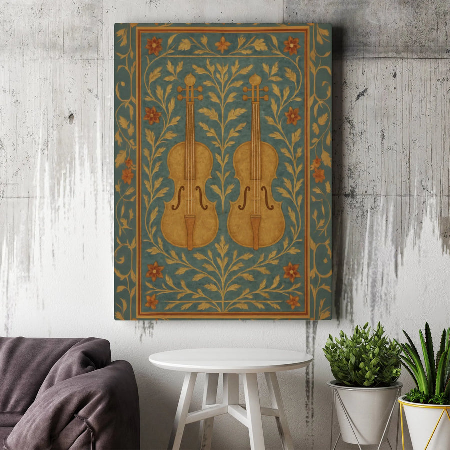 Violin Wall Art Canvas | Vintage Floral Vine Illustration | Gallery Wrap 1.25 Inch Wood Frame | Music Room Decor Gift for Musicians