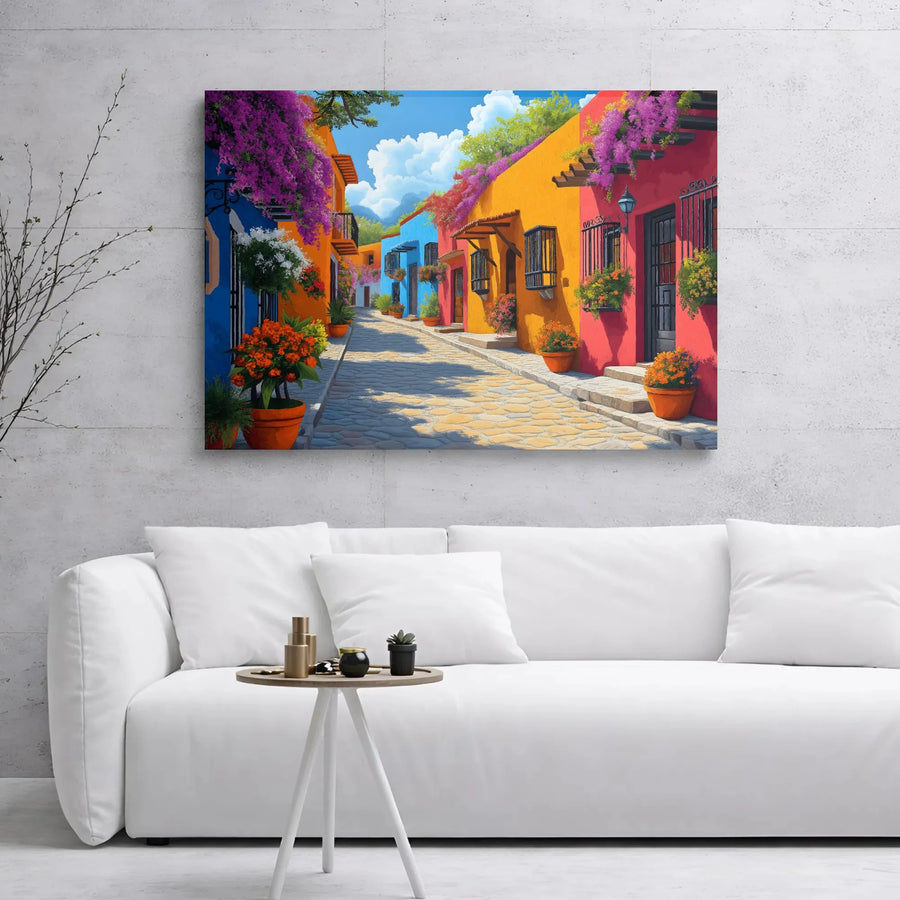 Colorful Mexican Village Canvas Print | Vibrant Cobblestone Street Decor | Premium 1.25-inch Gallery Wrap | Mediterranean Wall Art for Home