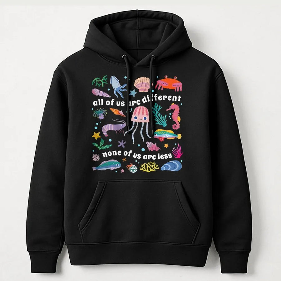 Neurodiversity Hoodie | All Of Us Are Different Sea Life Graphic | Premium Cotton Blend Pullover | Inclusive Autism Awareness Gift For Adults