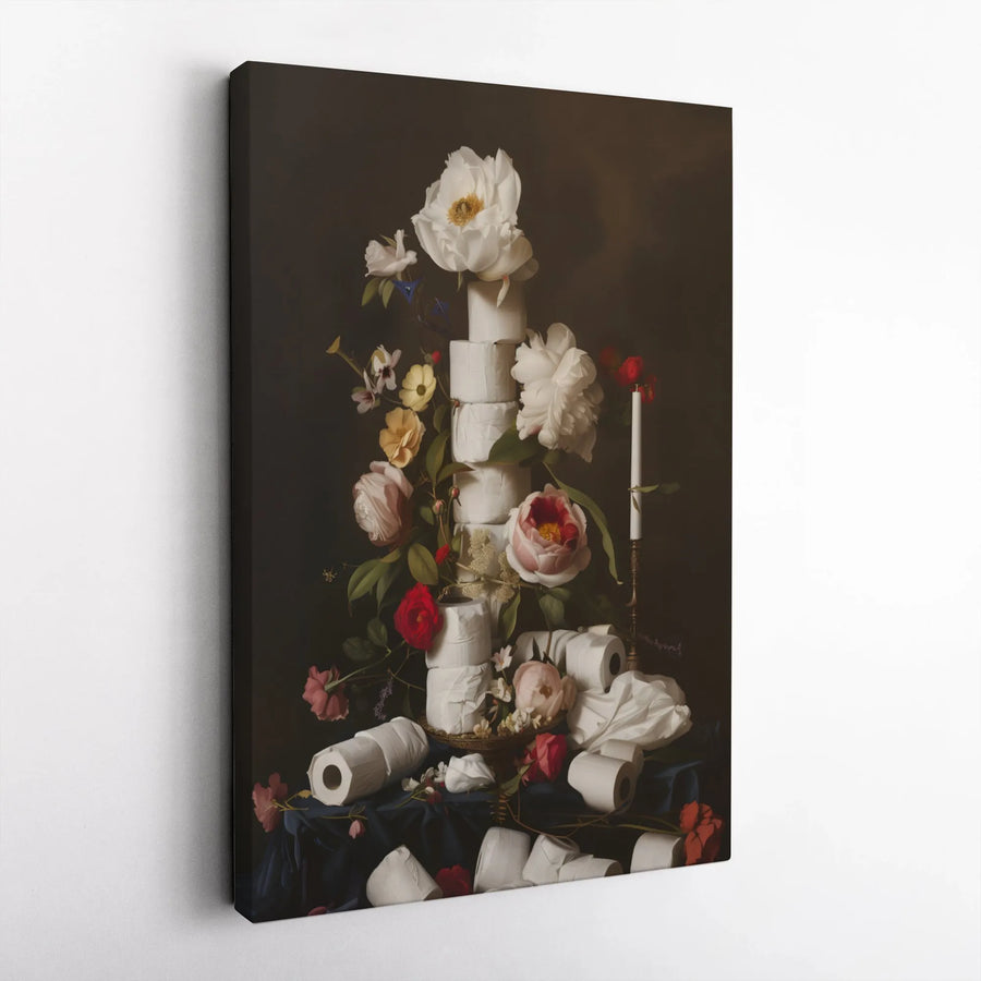 Toilet Paper Still Life Canvas Print | Dutch Master Floral Oil Painting Style | 1.25-Inch Premium Gallery Wrap | Quirky Bathroom Wall Art Decor