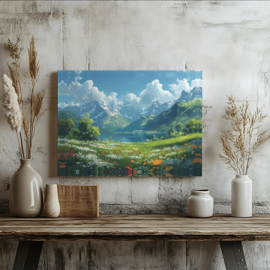 Mountain Lake Canvas Wall Art | Anime Style Wildflower Meadow Landscape | 1.25" Gallery Wrap Premium Print | Nature Gift for Home Office Decor