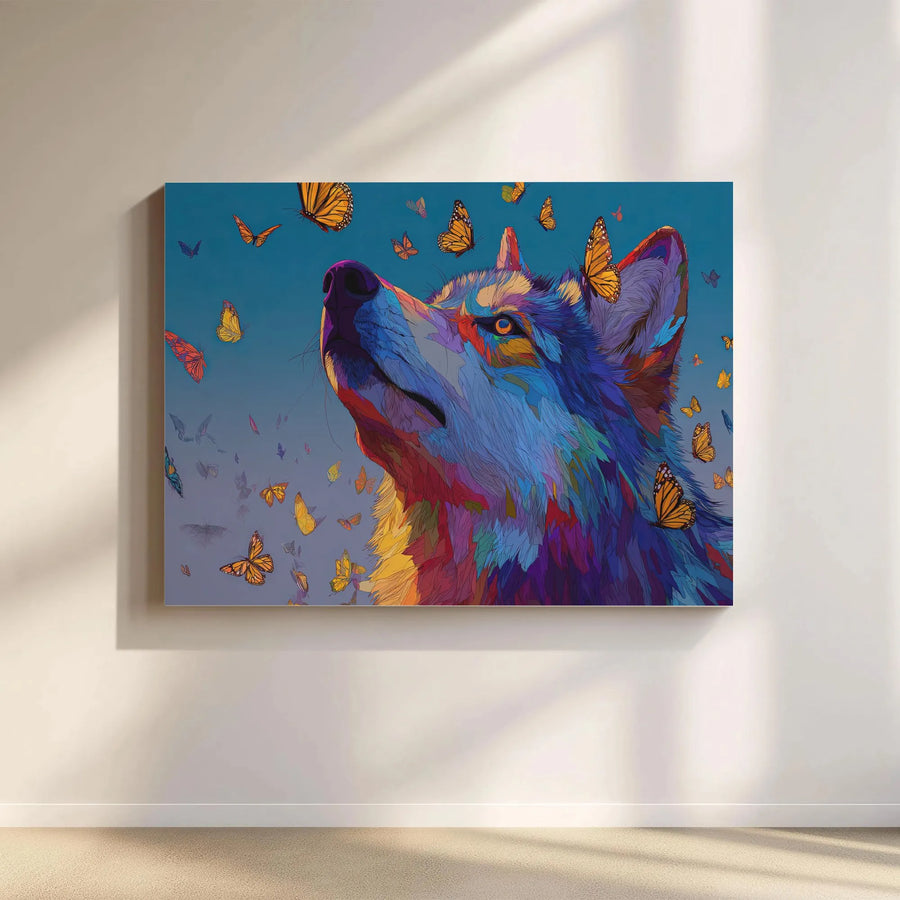 Colorful Wolf Canvas Art | Psychedelic Animal Print with Monarch Butterflies | Premium Fade-Resistant Print | Unique Gift for Wildlife Art Collector
