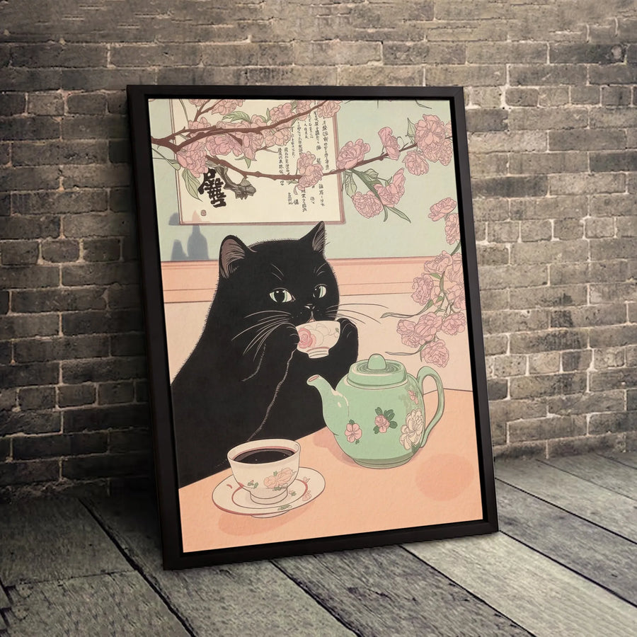 Black Cat Wall Art | Japanese Ukiyo-e Tea Time Print | Premium Gallery Wrap Canvas | Whimsical Home Decor Gift for Cat Lovers