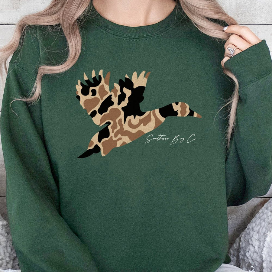 Camo Duck Sweatshirt | Flying Mallard Hunting Design | Premium Cotton Blend Unisex Crewneck | Country Style Gift for Him and Her