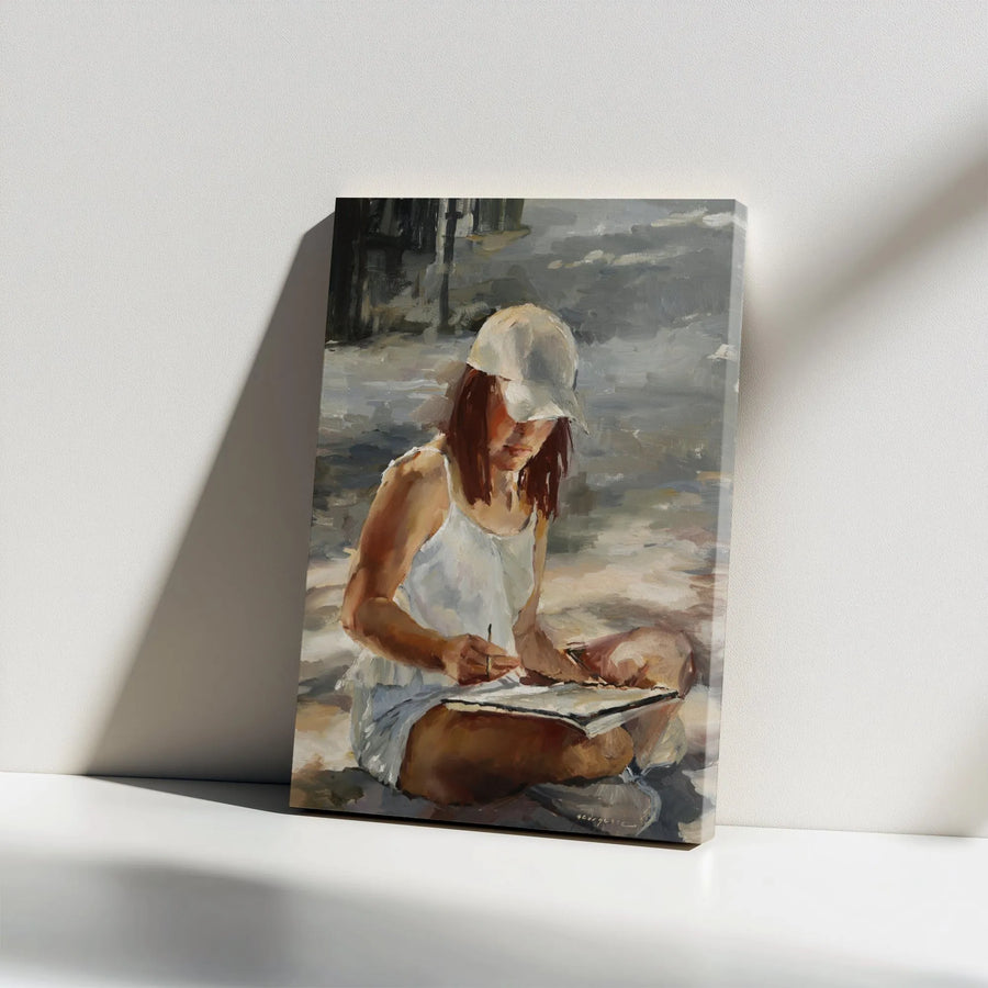 Woman Sketching in Italy Vertical Canvas | Impressionist Style Painting Print | Premium Gallery Wrapped Canvas | Home Decor Gift for Artist