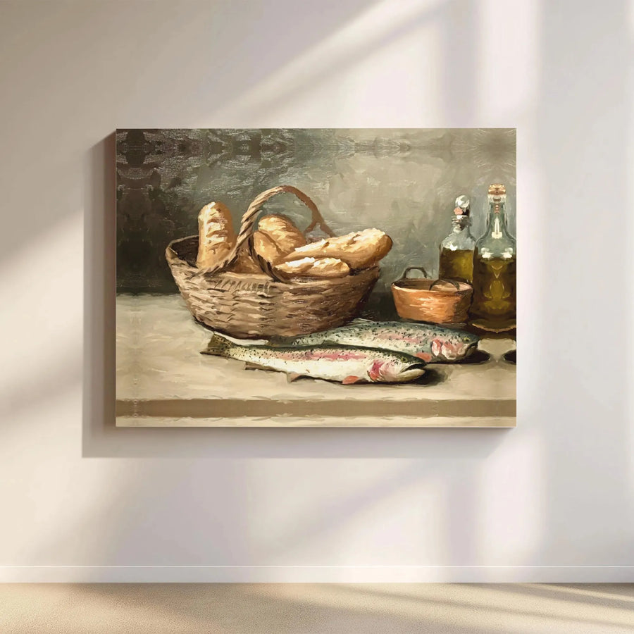 Vintage Still Life Canvas Art | Classic Trout & Bread Oil Painting Style Print | Premium Thick Gallery Canvas | Rustic Kitchen & Dining Room Decor Gift