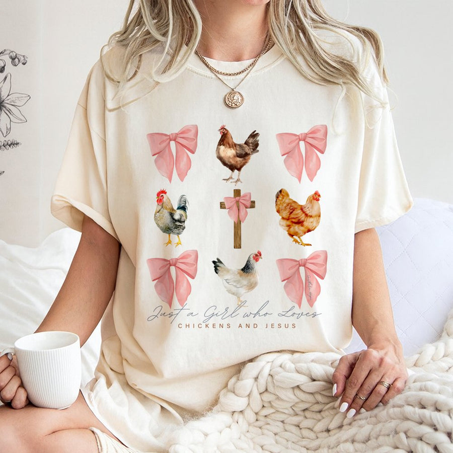 Just A Girl Who Loves Chickens And Jesus T-Shirt | Farmhouse Religious Faith Graphic | 100% Cotton Premium Quality | Christian Country Girl Gift