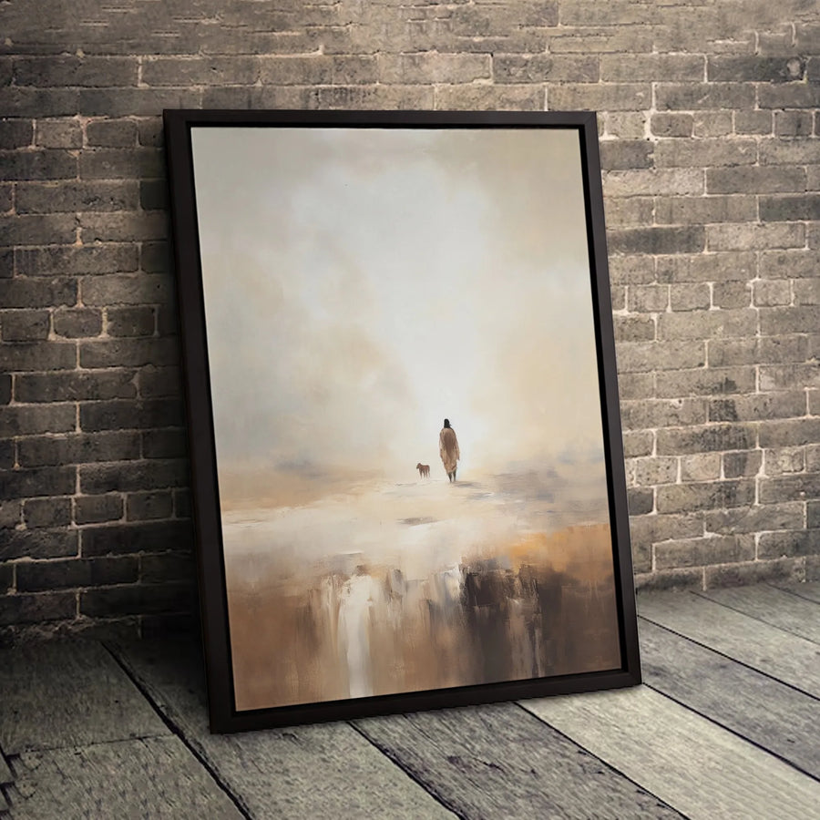 Minimalist Landscape Canvas Wall Art | Lone Wanderer With Dog Silhouette | Premium Fade-Resistant Print | Serene Home Office Decor Gift