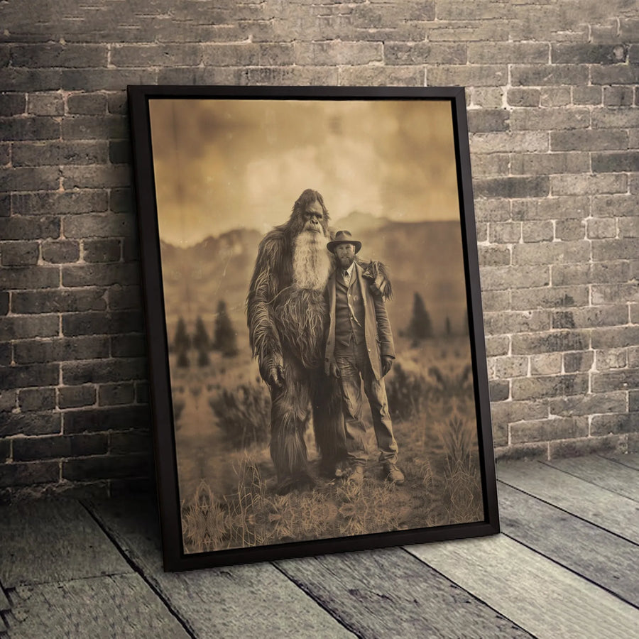 Bigfoot With Cowboy Canvas Wall Art | Vintage Sepia Portrait | Premium 1.25-Inch Gallery Wrap | Unique Cryptid Gift for Office or Home Decor