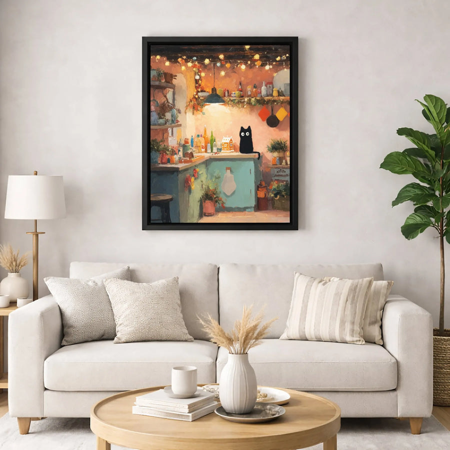 Whimsical Black Cat Wall Art | Cozy Kitchen Cottagecore Painting | Premium Gallery-Wrapped Canvas | Gift for Cat Lovers