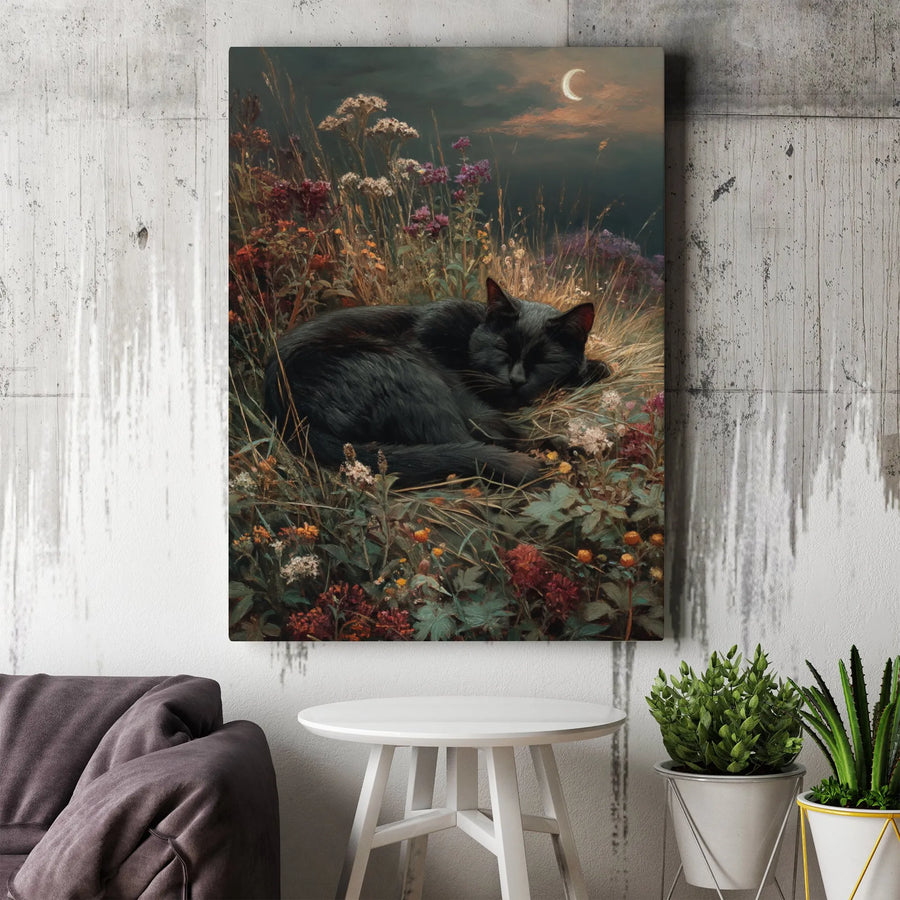 Sleeping Black Cat Canvas Wall Art | Wildflower Meadow Under Crescent Moon | Premium Gallery-Wrapped Print | Whimsical Nature Home Decor Gift