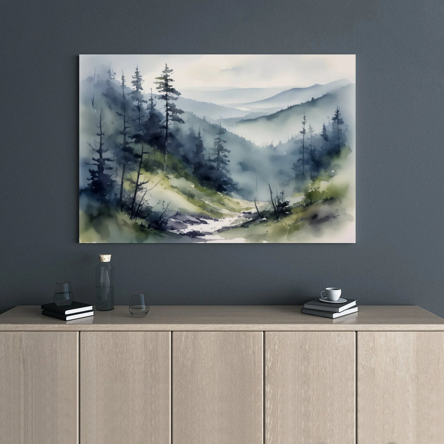 Misty Mountain Forest Canvas | Watercolor Pine Tree Landscape Art | 1.25" Gallery Wrap Premium Decor | Nature Wall Art For Living Room