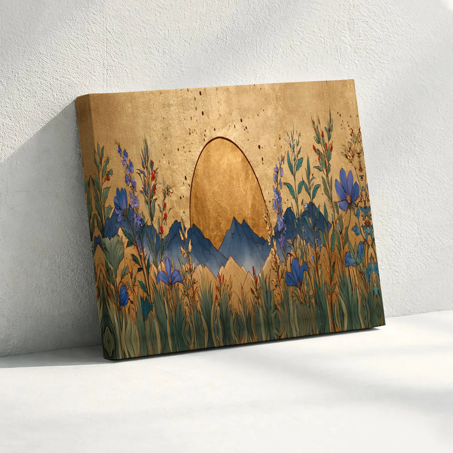 Mountain Wildflower Canvas Art | Golden Sun & Mountain Landscape | Premium Canvas Print | Japanese Inspired Living Room Wall Decor Gift
