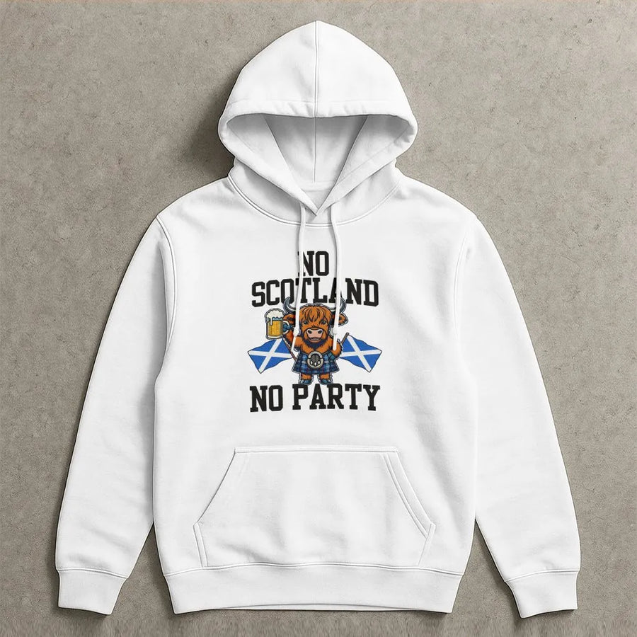 No Scotland No Party Hoodie | Funny Highland Cow Graphic Pullover | Premium Cotton Blend | Gift for Scottish Supporter