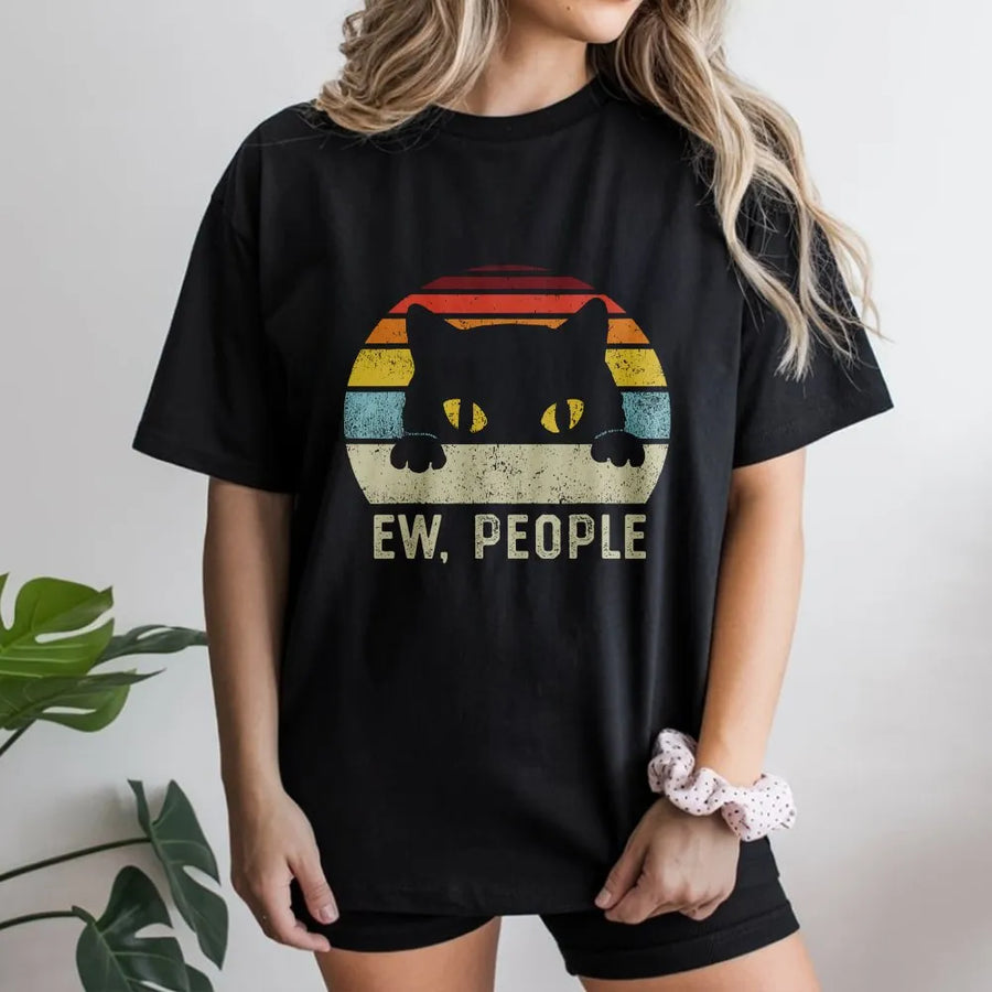 Ew People Cat Shirt | Vintage Retro Sunset Black Cat Design | Soft Breathable Cotton | Funny Gift for Introverts and Cat Lovers