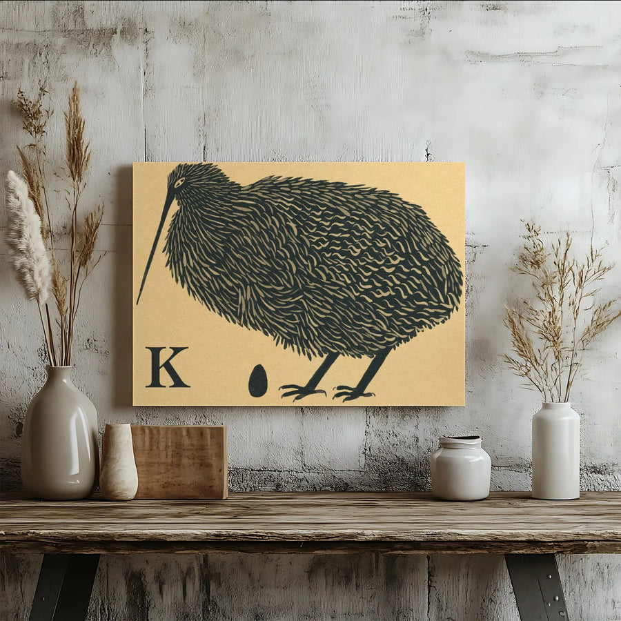 Kiwi Bird Wall Art | Vintage Alphabet Letter K Print | Premium Gallery Wrapped Canvas | Unique Nature Lover Gift