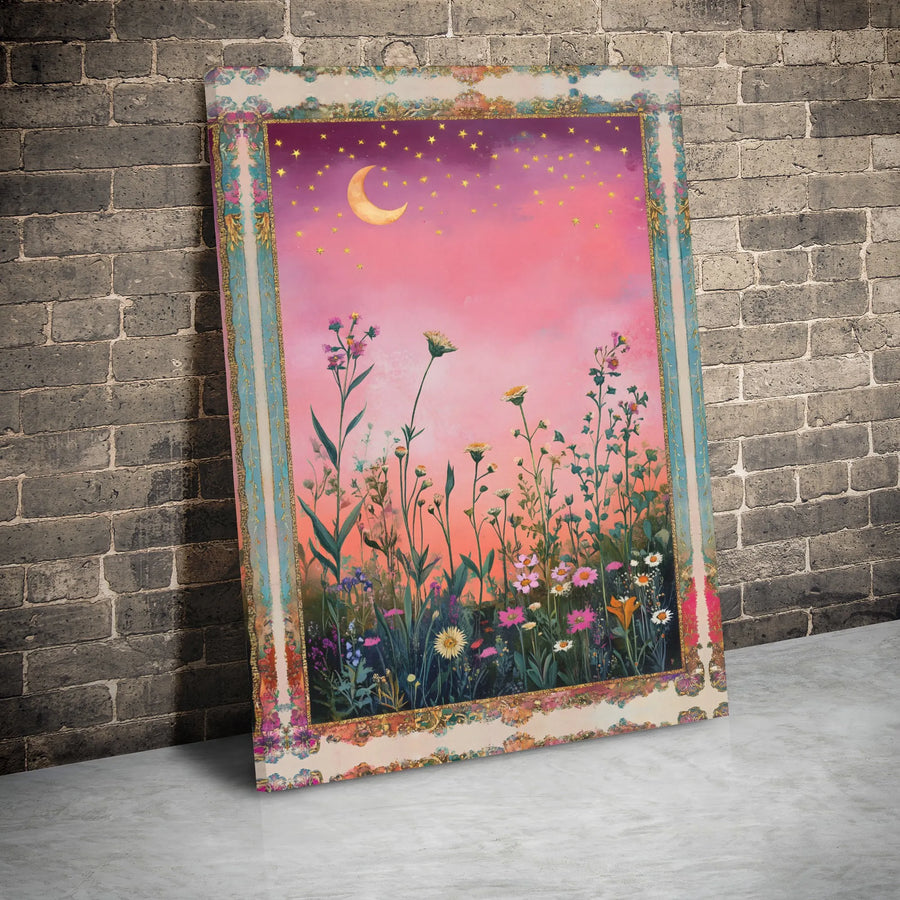 Wildflower Field Canvas Art | Dreamy Crescent Moon & Stars Floral Print | Premium Gallery Wrap Wall Decor | Boho Bedroom & Living Room Gift