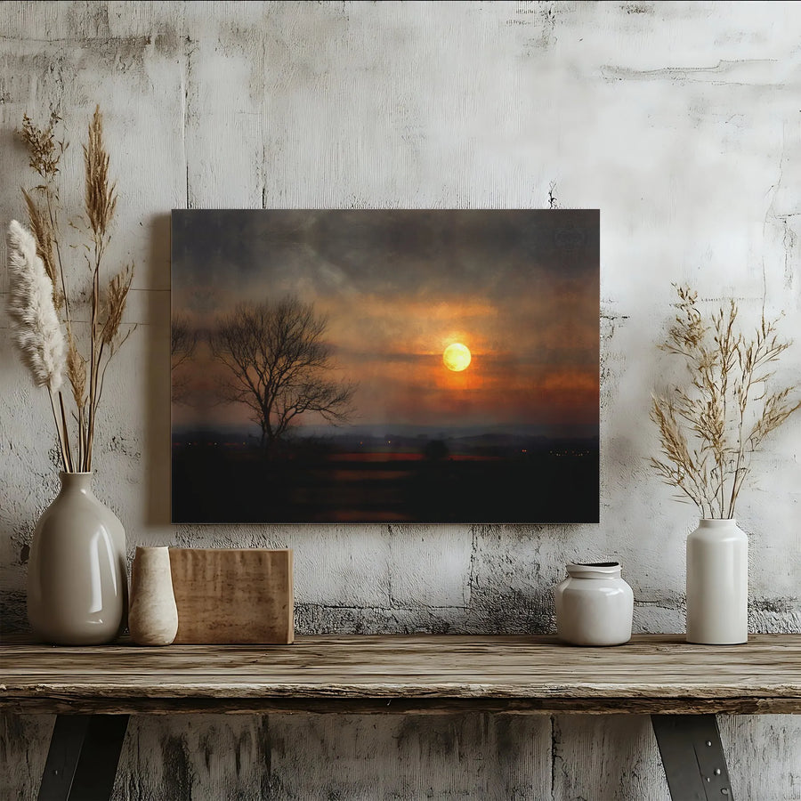 Sunset Landscape Canvas Wall Art | Moody Silhouetted Tree Glowing Sun Print | Premium Gallery Wrapped Canvas | Minimalist Home Decor Gift