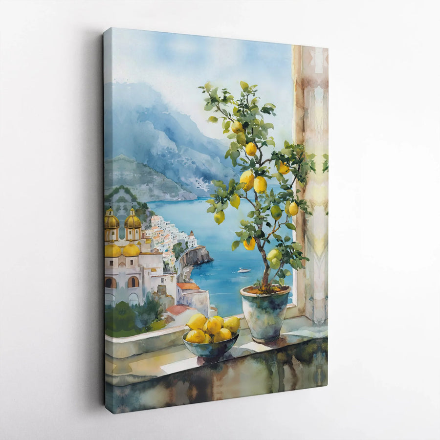 Amalfi Coast Canvas Wall Art | Watercolor Italian Coastal View with Lemon Tree | Premium Gallery Wrapped Print | Mediterranean Kitchen Decor Gift