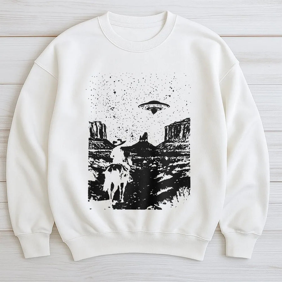 UFO Cowboy Sweatshirt | Retro Western Sci-Fi Graphic | Premium Cotton Blend | Unique Gift for Space and Country Lovers