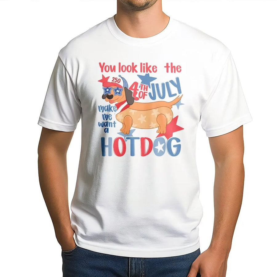 Funny 4th of July T-Shirt | Patriotic Dachshund Hot Dog Pun Graphic | Soft Cotton-Poly Blend | Unisex Independence Day Gift for Dog Lovers