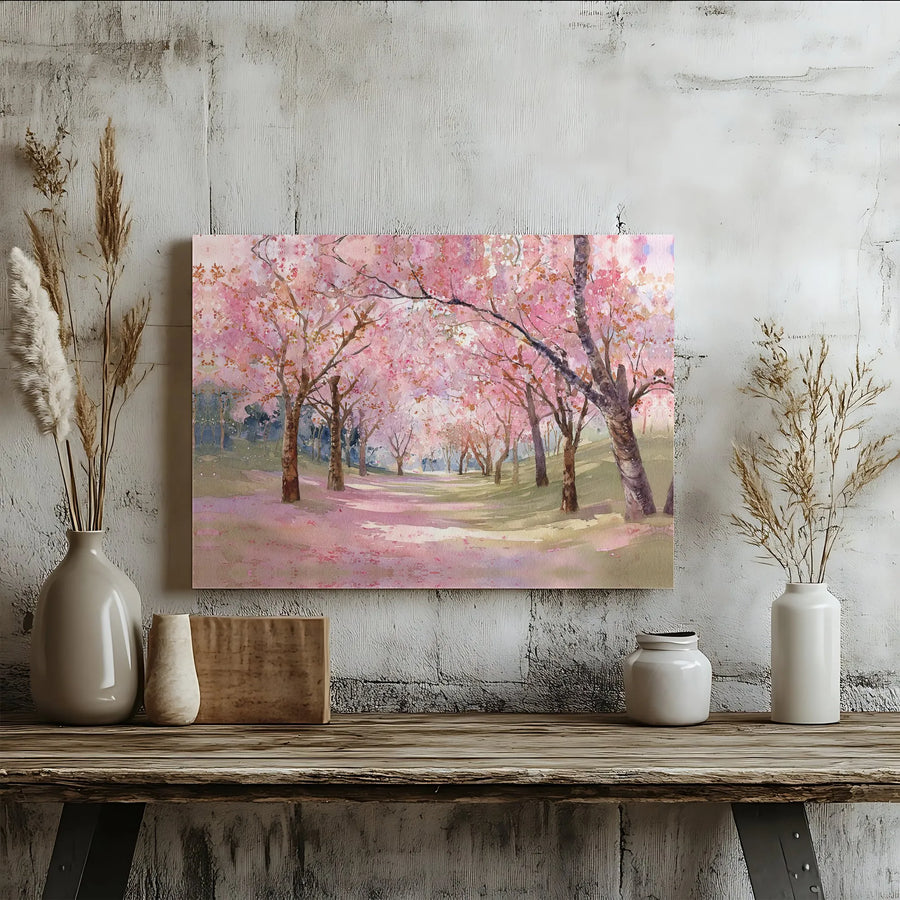 Cherry Blossom Wall Art | Watercolor Pink Spring Park Landscape | Premium Gallery Wrapped Canvas | Serene Floral Home Decor Gift