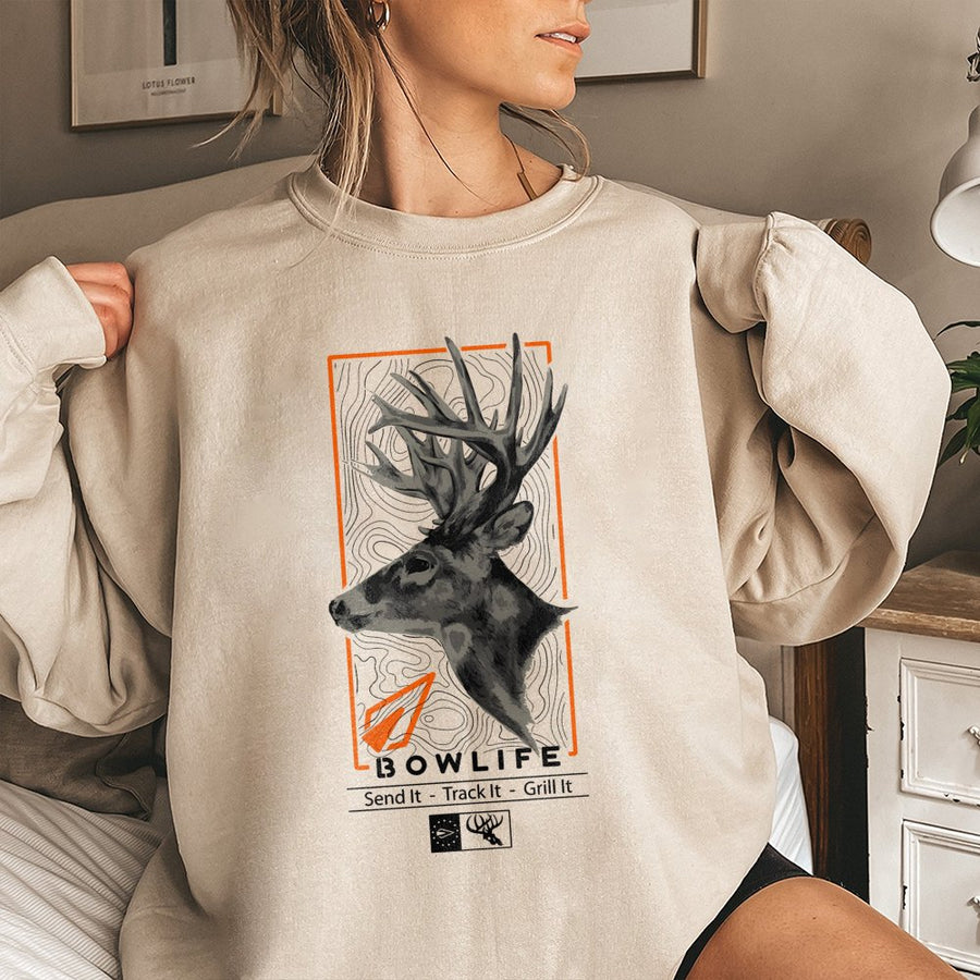 Bowhunting Sweatshirt | Deer Antler Topographic Print | Premium Cotton Blend | Gift For Bow Hunter Men Women