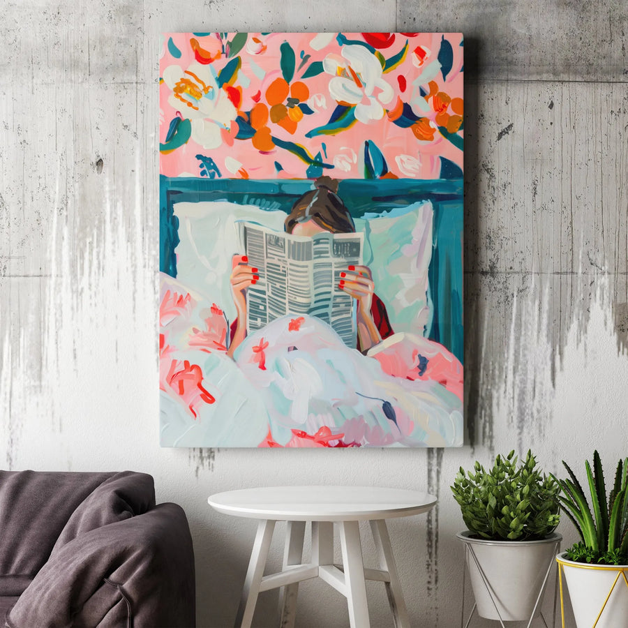 Woman Reading In Bed Canvas Print | Abstract Floral Bedroom Wall Art | Premium Gallery-Wrapped 1.25" Profile | Cozy Boho Home Decor Gift