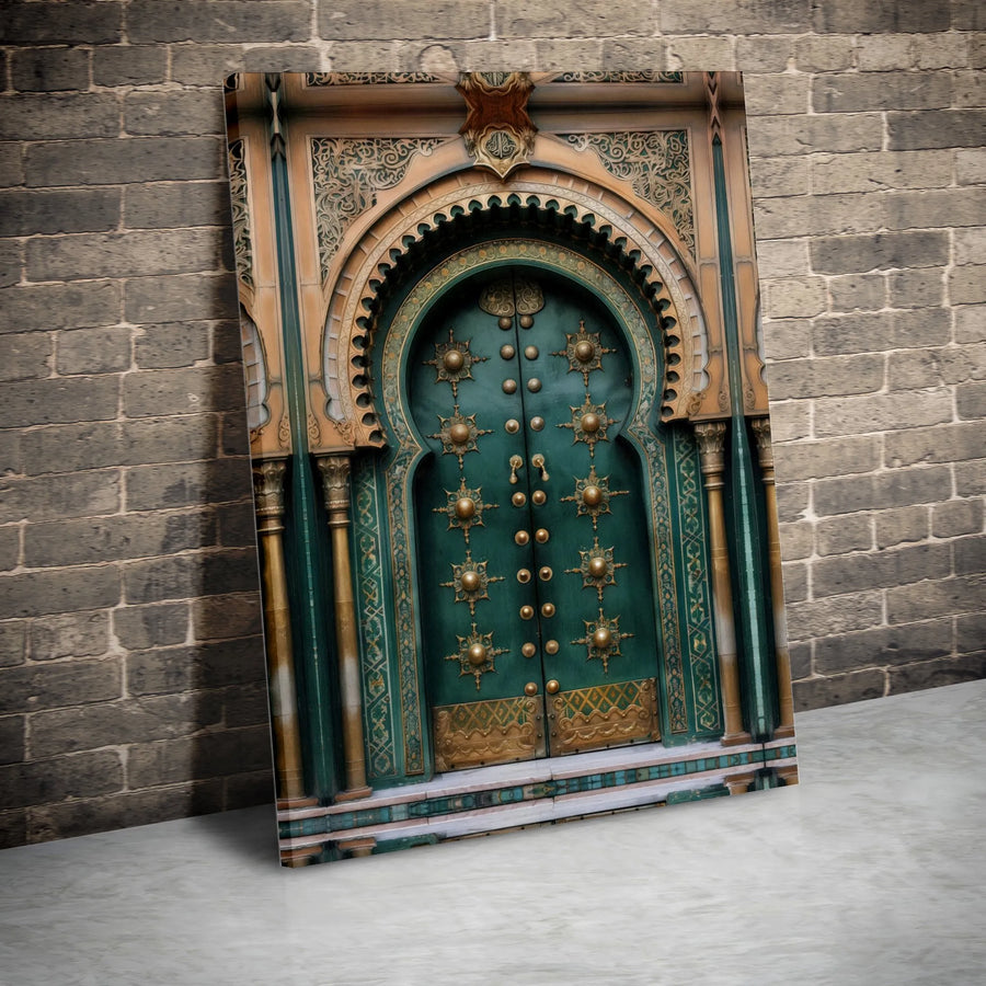 Moroccan Arched Door Canvas Wall Art | Ornate Green and Gold Architectural Print | Gallery Quality 1.25-inch Profile | Elegant Home Office Decor Gift