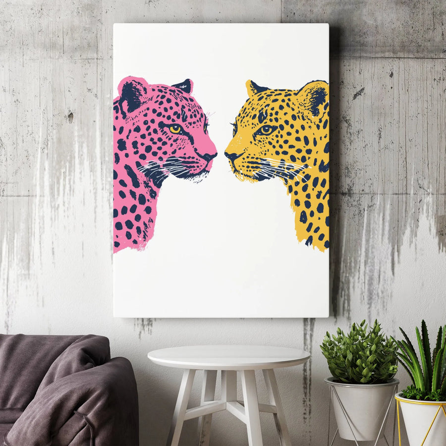 Pop Art Leopard Canvas Wall Art | Colorful Dual Big Cat Portrait | Premium 1.25 Inch Gallery Wrap | Modern Animal Decor For Home Office