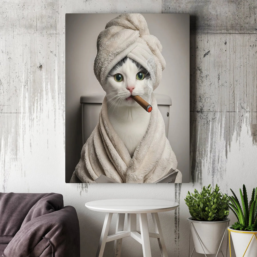 Cat Smoking Cigar on Toilet Wall Art | Funny Bathroom Decor | Premium Fade-Resistant Canvas | Unique Humor Gift for Cat Lovers