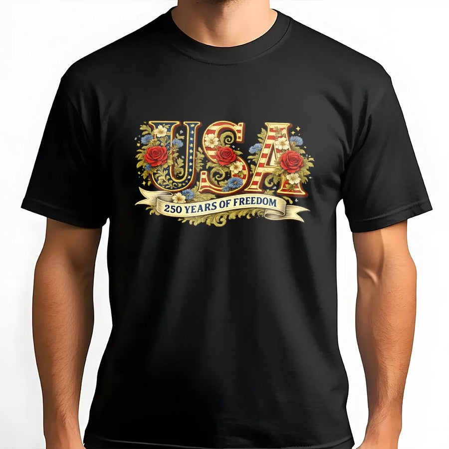 USA 250th Anniversary T-Shirt | Vintage Floral USA Flag Design | Soft Cotton Blend Pullover | Patriotic Collector's Gift for Independence Day 2026