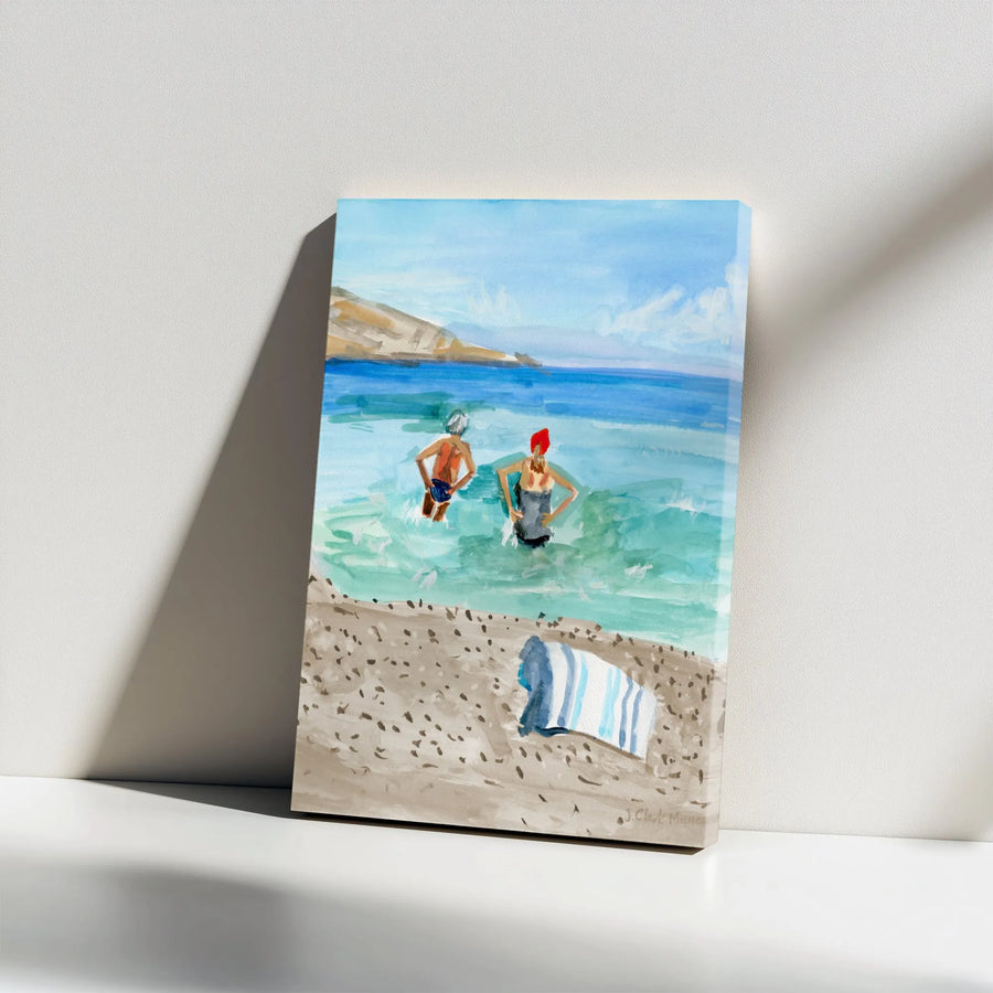 Ocean Swimmers Vertical Canvas | Watercolor Beach Painting Print | Thick Gallery Wrap Canvas | Coastal Living Wall Art Gift