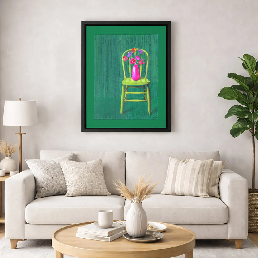 Still Life Flower Painting Canvas | Floral Art in Pink Vase on Green Chair | Gallery-Quality Wall Decor | Botanical Fine Art Print for Home