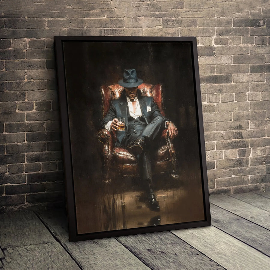 Gangster Mafia Boss Canvas Wall Art | Fedora Suit Whiskey Lounge Decor | Gallery-Wrapped Premium Print | Sophisticated Man Cave Masculine Gift