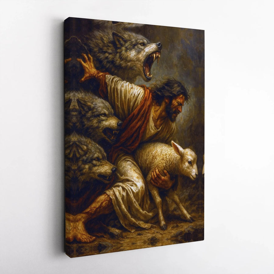 Jesus Protecting Lamb Canvas Print | The Good Shepherd Fighting Wolves Art | Premium Gallery Wrapped Wall Decor | Religious Home Gift