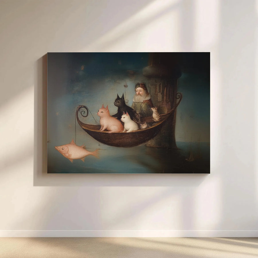 Surreal Cat Painting Canvas Wall Art | Renaissance Style Wizard and Cats in Boat | Premium Canvas Print | Unique Home Decor Gift for Cat Lovers
