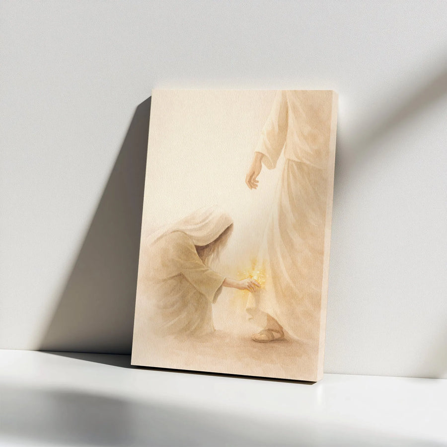 Christian Wall Art Canvas Print | Woman Touching Hem of Jesus' Garment | Premium Gallery Wrap | Inspirational Faith Based Home Decor Gift