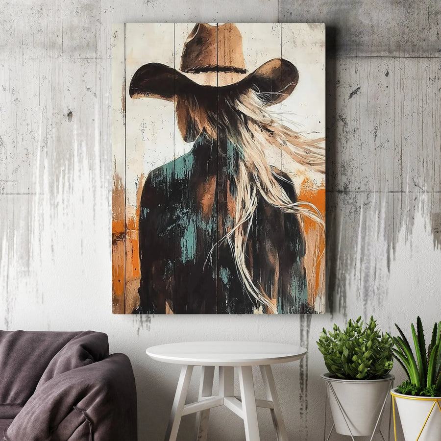 Western Cowgirl Canvas Wall Art | Rustic Blonde Country Girl Painting | Premium Gallery Wrap Print | Farmhouse Decor Gift for Her