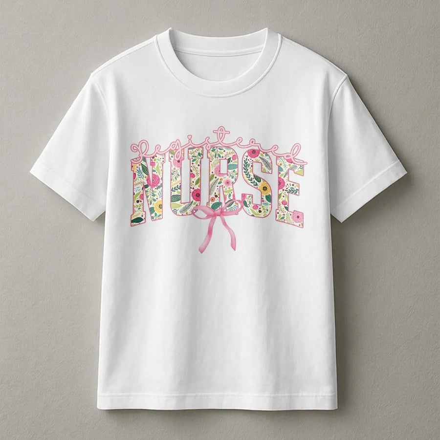 Registered Nurse T-Shirt | Floral Print Coquette Aesthetic with Pink Bow | Premium Soft Cotton Tee | Gift for RN Nursing School Graduate