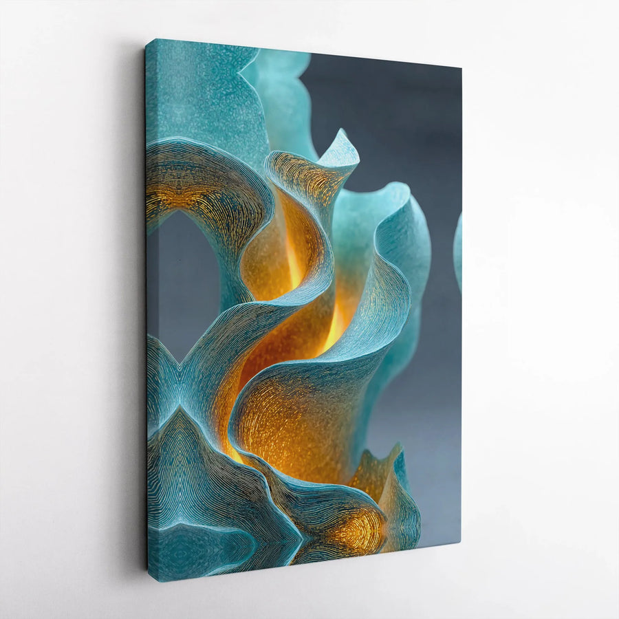Abstract Teal and Gold Canvas Wall Art | Glowing Modern Wavy Fluid Print | Premium Gallery Wrap Decor | Contemporary Home Office Living Room Gift