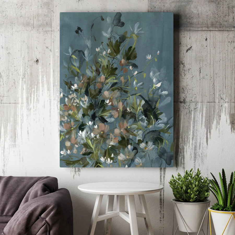 Abstract Wildflower Vertical Canvas | Dark Teal Floral Painting | Premium Gallery Wrapped Wall Art | Modern Minimalist Living Room Decor Gift