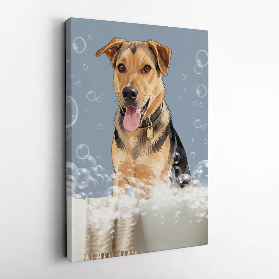 Dog Bathtime Canvas Art | Cute Bubble Bath Watercolor Illustration | Premium Gallery Wrap Canvas | Gift for Dog Lover, Pet Groomer Decor