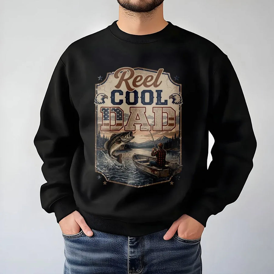 Reel Cool Dad Fishing Sweatshirt | Vintage American Flag Bass Graphic | Premium Cotton Blend | Father's Day Gift for Fisherman Dad