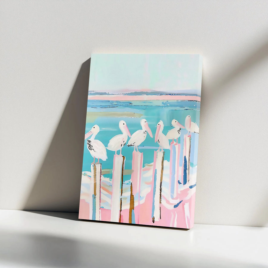 Pelican Beach Canvas Wall Art | Coastal Bird Abstract Painting | Premium Gallery Wrapped Decor | Tropical Ocean Home Interior Gift
