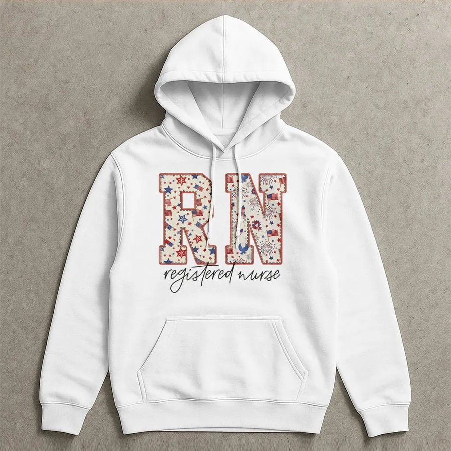 Patriotic RN Hoodie | USA Flag Fireworks Graphic Tee | Soft Cotton Shirt | Gift for Registered Nurse