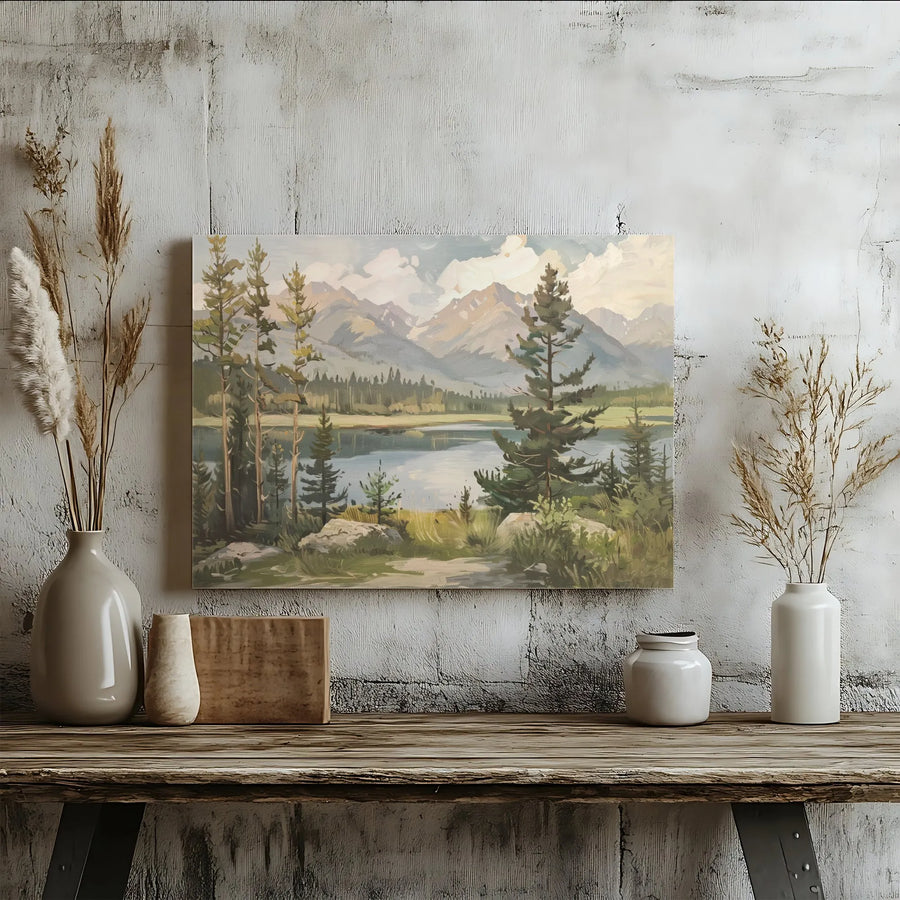 Mountain Landscape Canvas Wall Art | Vintage Pine Tree Forest Painting | Premium Gallery Wrapped Canvas | Rustic Cabin Decor Gift
