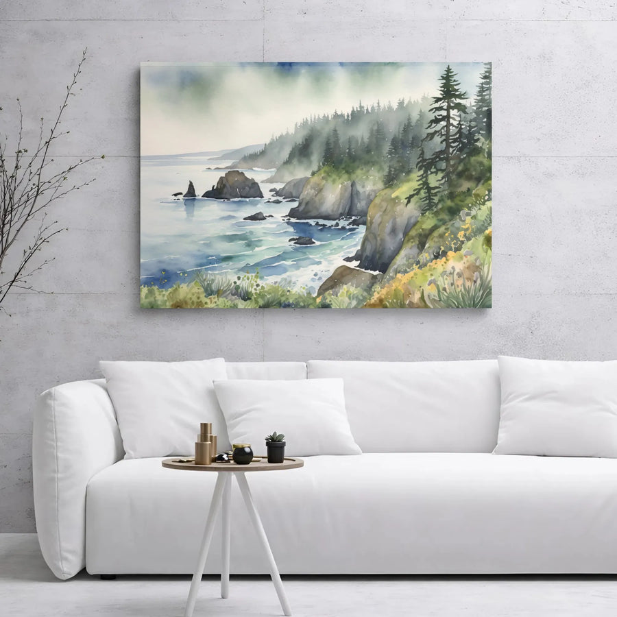 Pacific Northwest Coastal Canvas | Misty Pine Forest Watercolor Art | 1.25 Inch Gallery Wrap | Nature Wall Decor Gift for Nature Lovers